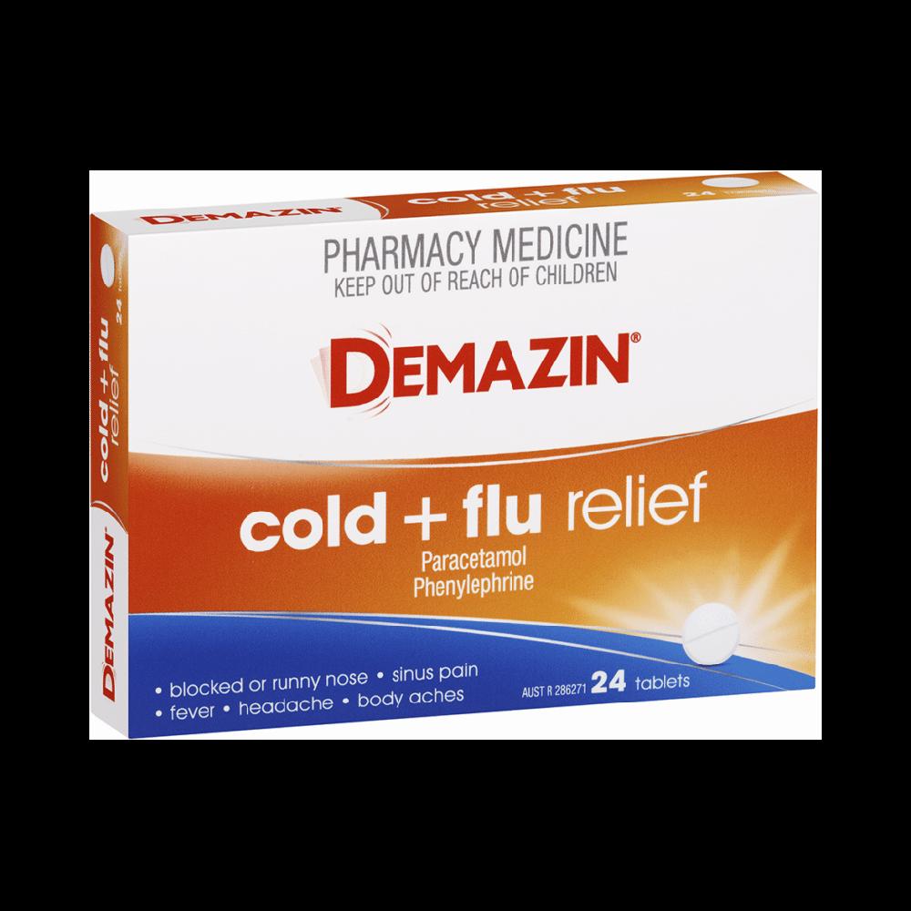 A box of Demazin Cold + Flu relief tablets.