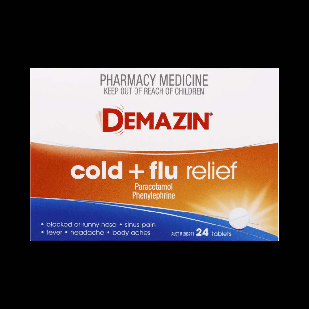 A box of Demazin cold and flu relief tablets.