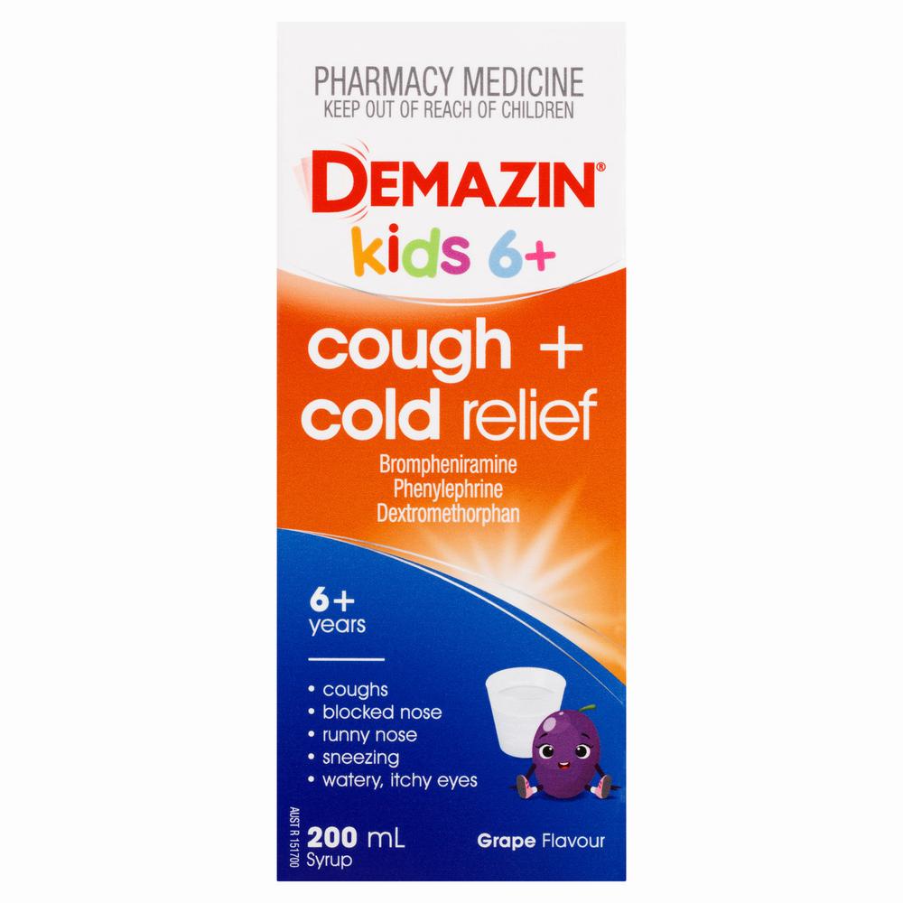 A box of Demazin Kids 6+ Cough & Cold Relief Syrup in grape flavor, for ages 6 and up.