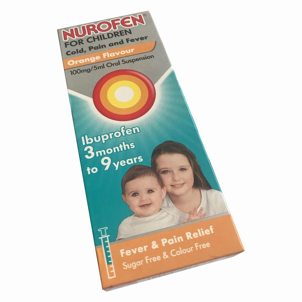A box of Nurofen for Children, a medication for pain, fever, and cold in children aged 3 months to 9 years.