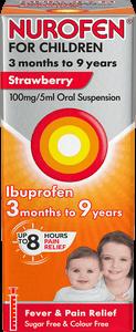A box of Nurofen for Children, a strawberry-flavored oral suspension containing 100mg/5ml of ibuprofen, for children aged 3 months to 9 years, providing up to 8 hours of pain relief and fever reduction.