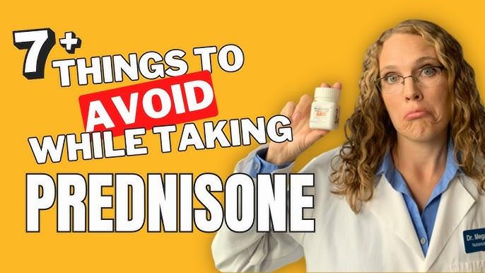 A thumbnail of a video with a female doctor holding a bottle of pills in her hand, with text reading: 7 Things to Avoid While Taking Prednisone.