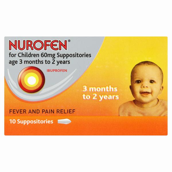 A box of Nurofen suppositories for children 3 months to 2 years old.