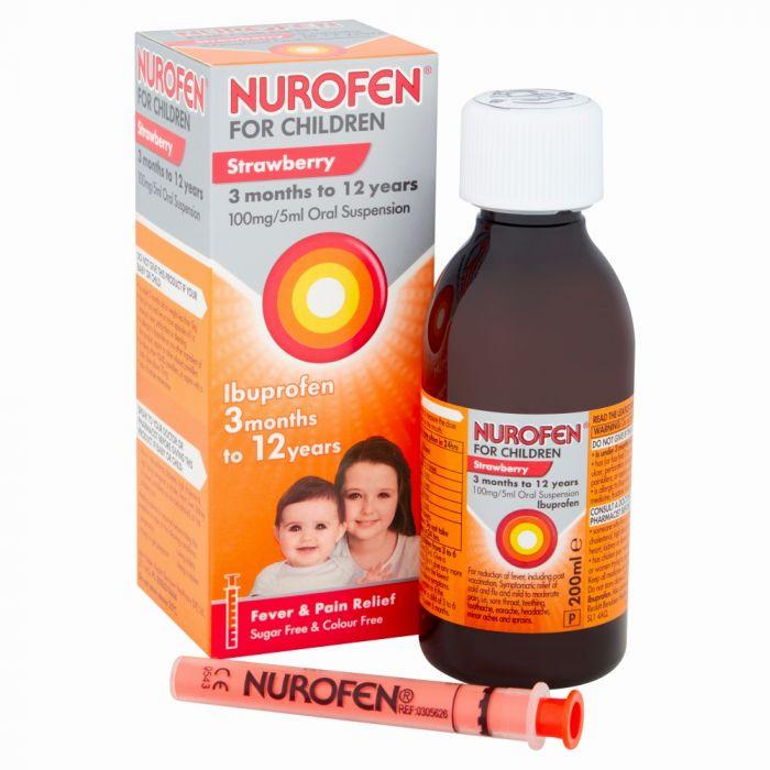 A box and bottle of Nurofen for Children, a strawberry-flavored ibuprofen oral suspension for reducing fever and mild to moderate pain in children aged 3 months to 12 years.