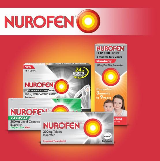 A product shot of a variety of Nurofen products, which are over-the-counter pain relievers.
