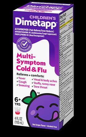 A purple box of Dimetapp childrens multi-symptom cold and flu relief medicine.