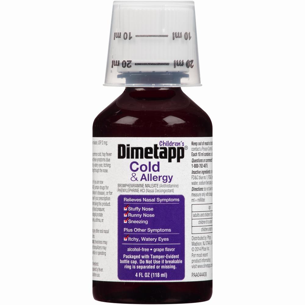 A bottle of Childrens Dimetapp Cold & Allergy, a liquid medication for children 6 years and older to relieve nasal congestion, runny nose, sneezing, and itchy and watery eyes due to the common cold or hay fever.