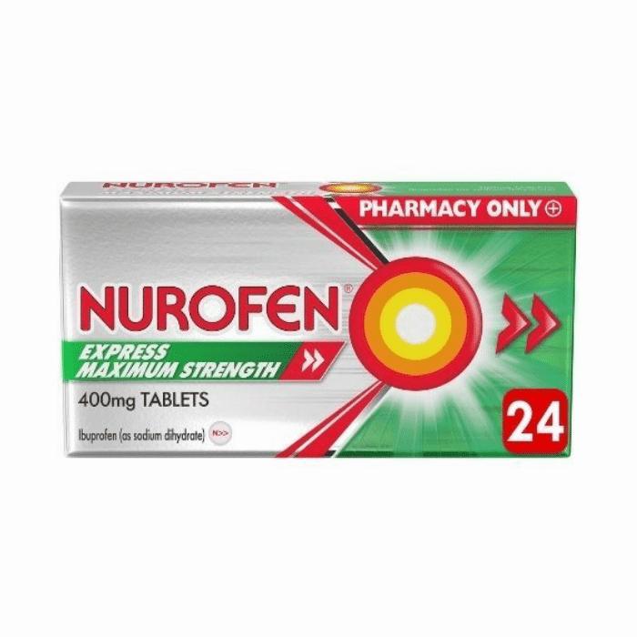 A green and silver box of Nurofen Express Maximum Strength 400mg tablets, a pharmacy-only medicine.