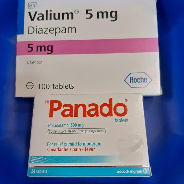 A box of Valium 5mg tablets and a box of Panado 500mg tablets.