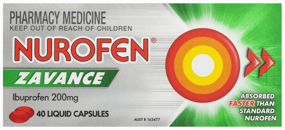 A box of Nurofen Zavance liquid capsules, a pharmacy medicine for pain relief.
