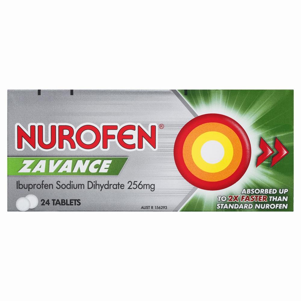 A box of Nurofen Zavance, a medication containing ibuprofen sodium dihydrate, which is absorbed up to two times faster than standard Nurofen.