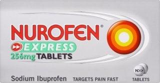 A box of Nurofen Express 25mg tablets, a painkiller.