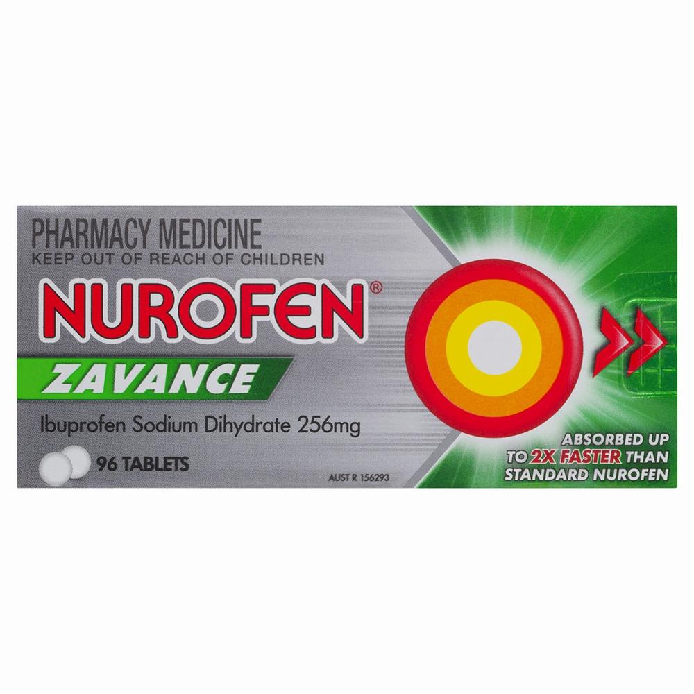 A green and white box of Nurofen Zavance, a pharmacy medicine containing 96 tablets of ibuprofen sodium dihydrate 256mg.