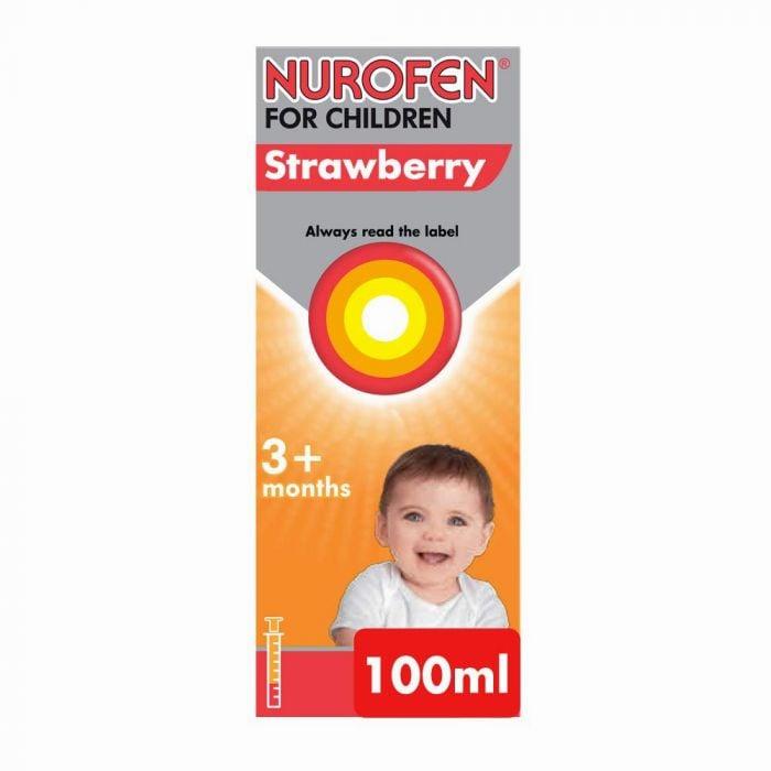 A box of Nurofen for Children, a strawberry-flavored medicine for pain relief in children 3 months and older.