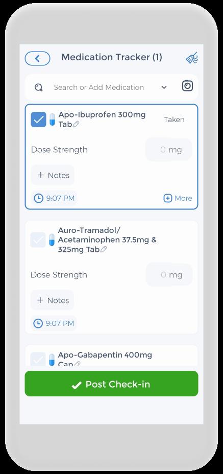 A screenshot of a medication tracker app, showing a list of medications and their doses.