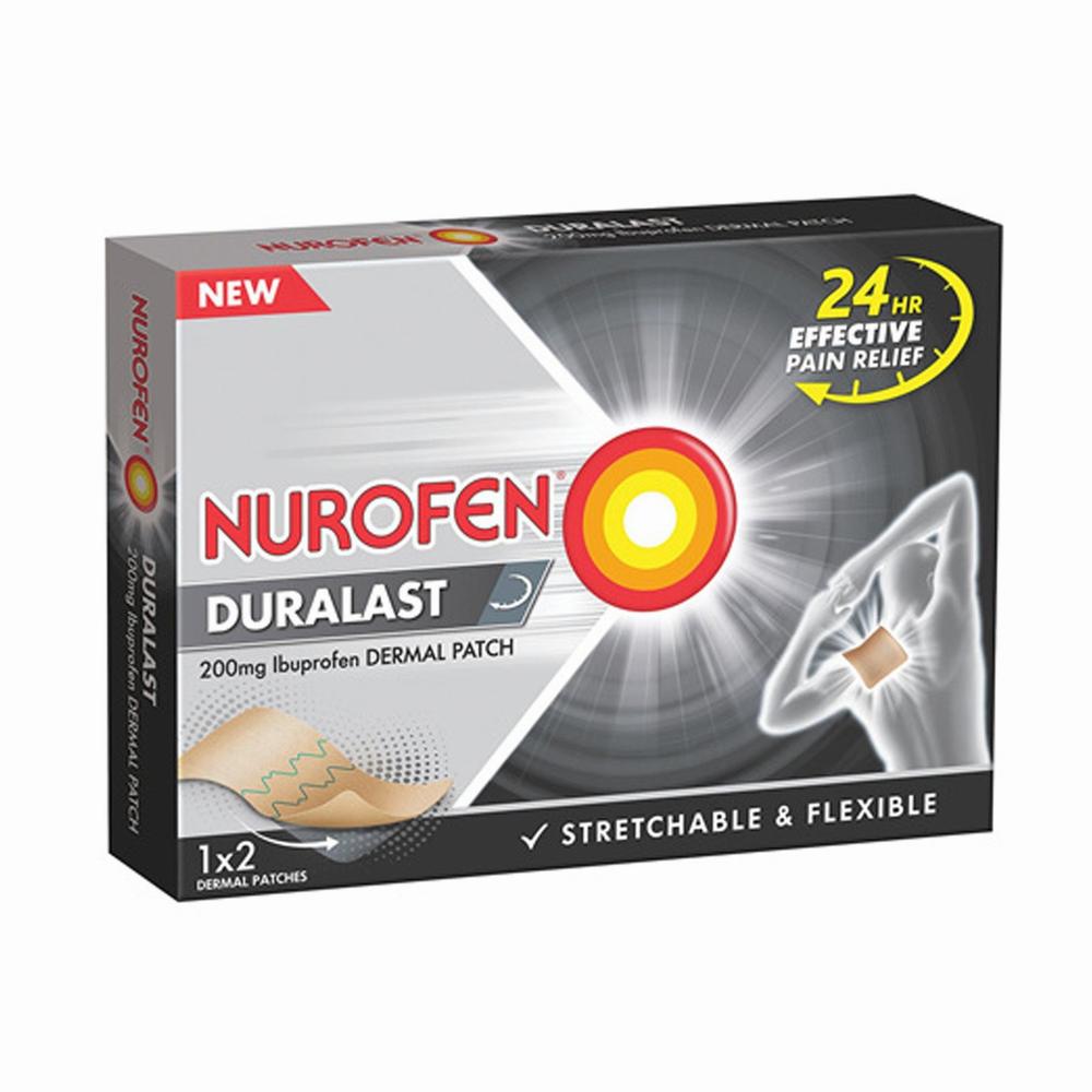 A box of Nurofen Duraplast 200mg Ibuprofen Dermal Patches, a 24-hour effective pain relief patch.