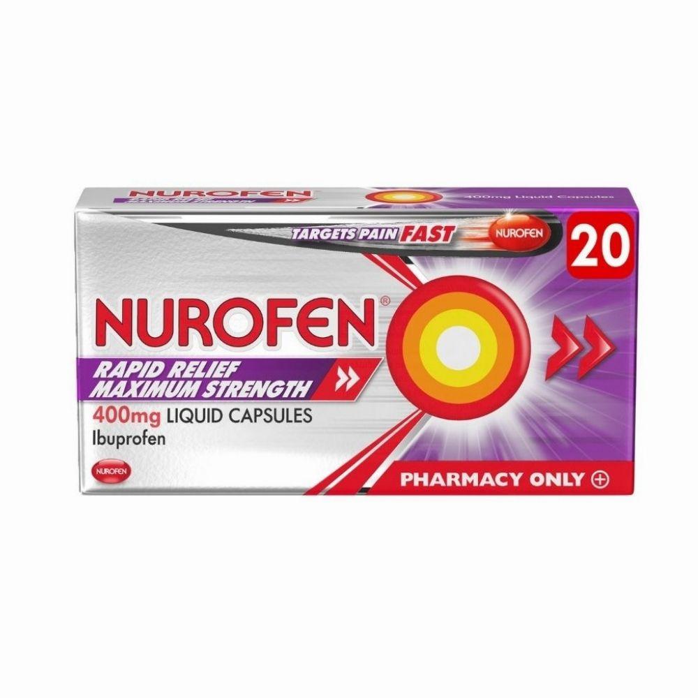 A purple and silver box of Nurofen Maximum Strength 400mg ibuprofen liquid capsules.