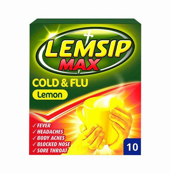 A green and yellow box of Lemsip Max Cold & Flu Lemon, which is a medication used to relieve the symptoms of a cold or flu.