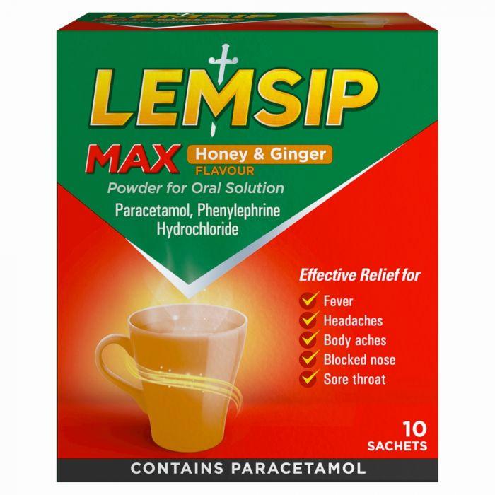 A green and white box of Lemsip Max Honey & Ginger sachets for relief of cold and flu symptoms.
