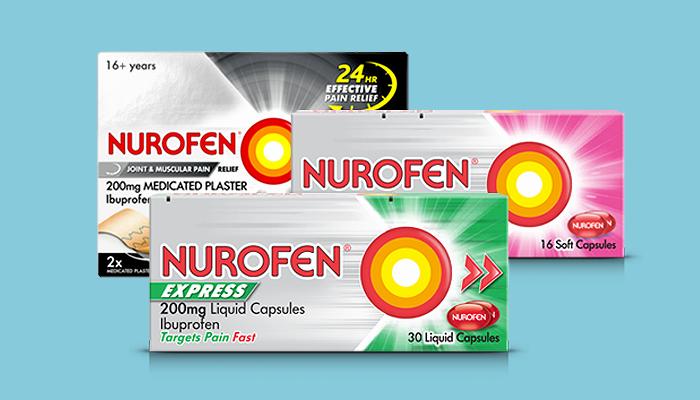 A product shot of three boxes of Nurofen, a brand of ibuprofen, in various forms.