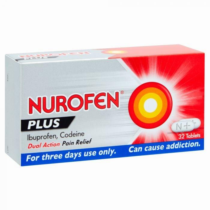 A red and silver box of Nurofen Plus tablets, a medication for pain relief.