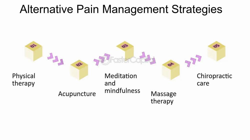 A flowchart showing five alternative pain management strategies: physical therapy, acupuncture, meditation and mindfulness, massage therapy, and chiropractic care.