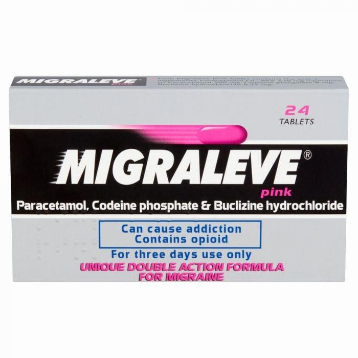 A pink and white box of Migraleve, a medication used to treat migraines.