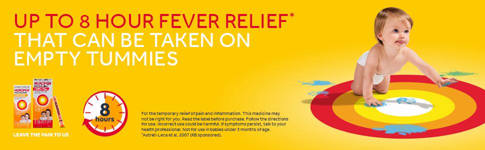 The image is an advertisement for Nurofen, a fever relief medication for children. It features a baby crawling on a colorful play mat with the text Up to 8 hour fever relief that can be taken on empty tummies in the background.