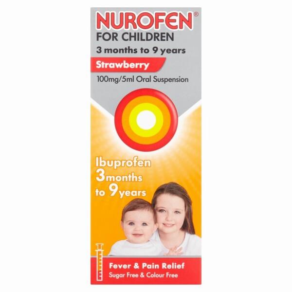 A box of Nurofen for Children, a strawberry-flavored oral suspension for ages 3 months to 9 years for relief of fever and pain.