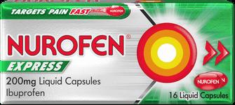A box of Nurofen Express 200mg ibuprofen liquid capsules.