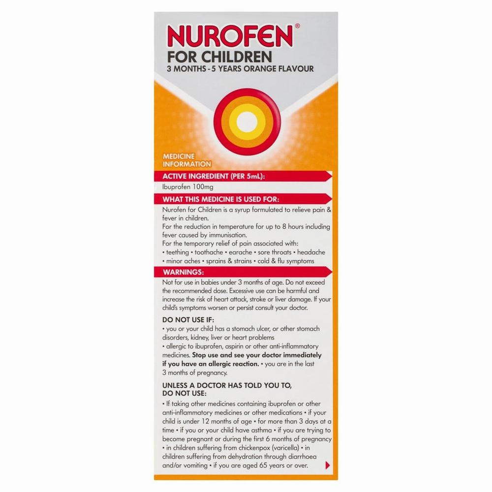 A box of Nurofen for Children, a medicine used to relieve pain and fever in children aged 3 months to 5 years.