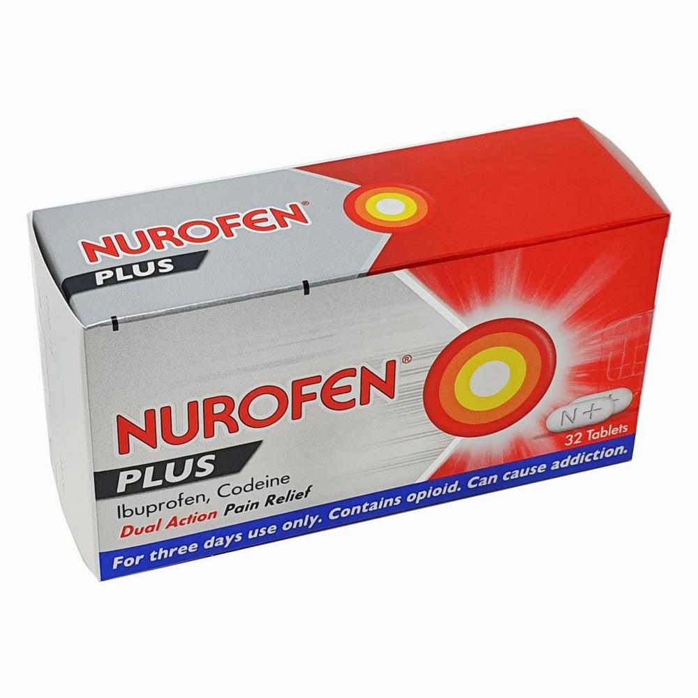 A red and white box of Nurofen Plus tablets, a medication for pain relief.