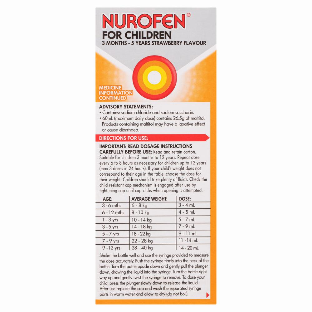 A box of Nurofen for Children, a strawberry-flavored medicine for pain relief in children ages 3 months to 5 years.