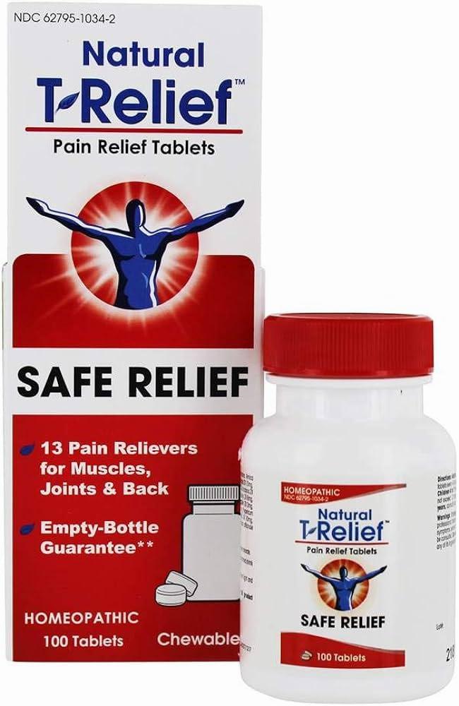 A bottle of Natural T-Relief pain relief tablets with a red cap and white label with blue writing.