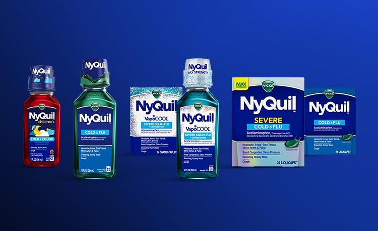 A range of NyQuil products are displayed against a blue background.