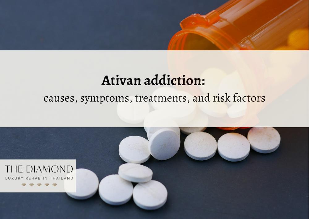A stock photo of white pills spilling out of an orange pill bottle with the text Ativan addiction: causes, symptoms, treatments, and risk factors overlaid on top.