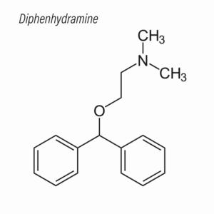 A 2D depiction of the chemical structure of diphenhydramine.