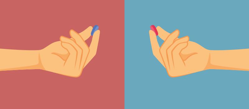 A cartoon hand is holding a blue pill between its thumb and forefinger on the left, and a red pill on the right.