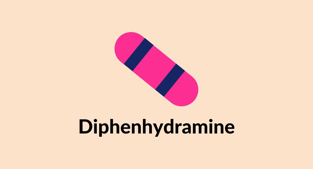 A pink oval pill with two blue stripes and the text Diphenhydramine written in black below it.