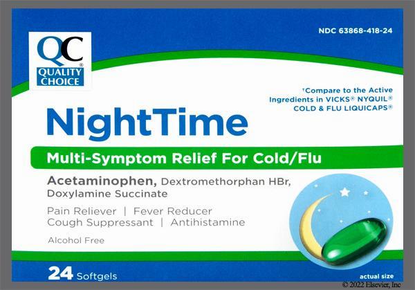 A green and white box of nighttime cold and flu medicine.