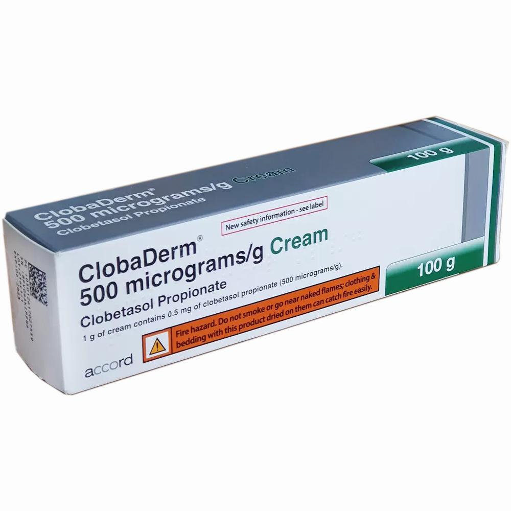 A box of Clobderm cream, a medication used to treat skin conditions such as eczema and psoriasis.