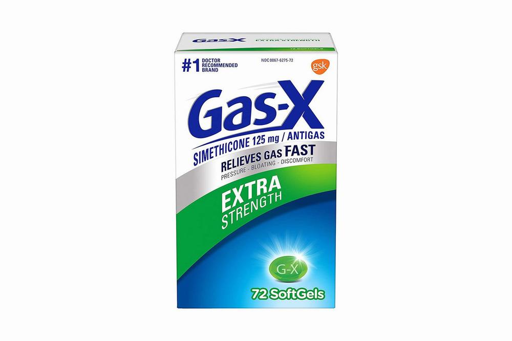 A box of Gas-X Extra Strength Simethicone Softgels, a medication used to relieve gas, pressure, and bloating.