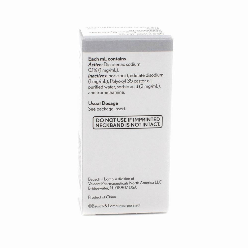 The box contains Diclofenac sodium 0.1% ophthalmic solution.
