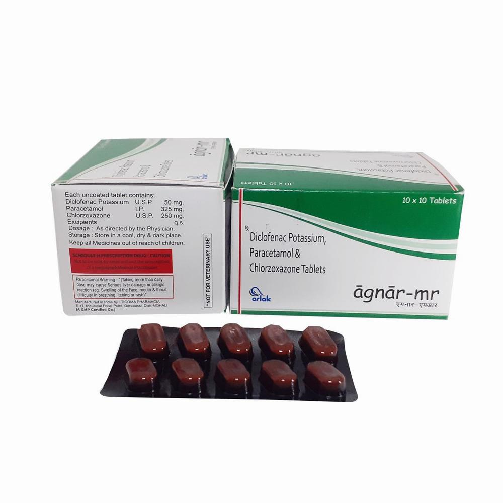 A box of Agnar-MR tablets, a prescription drug containing diclofenac potassium, paracetamol, and chlorzoxazone.