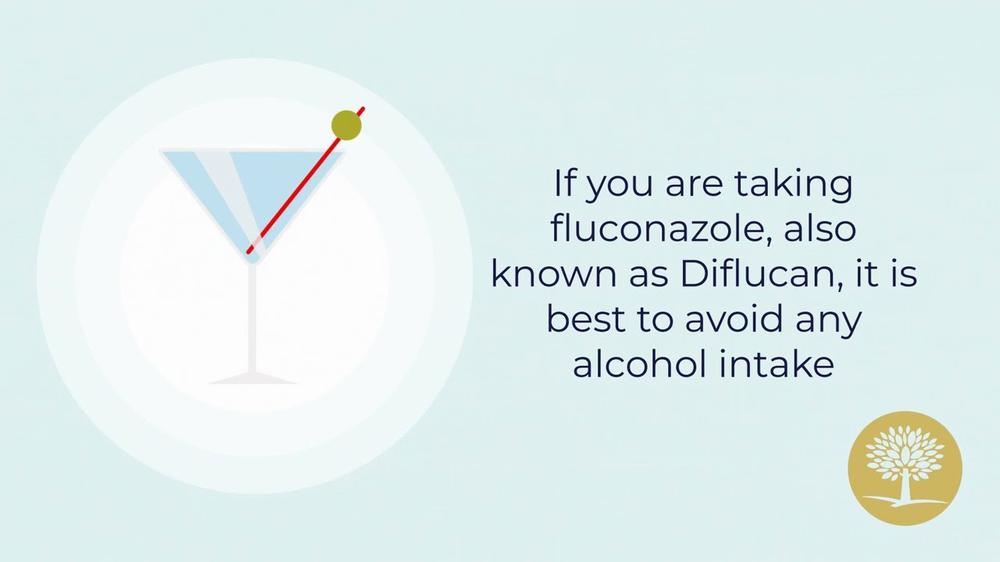A blue martini glass with an olive on a stick warns that if you are taking fluconazole, also known as Diflucan, it is best to avoid any alcohol intake.