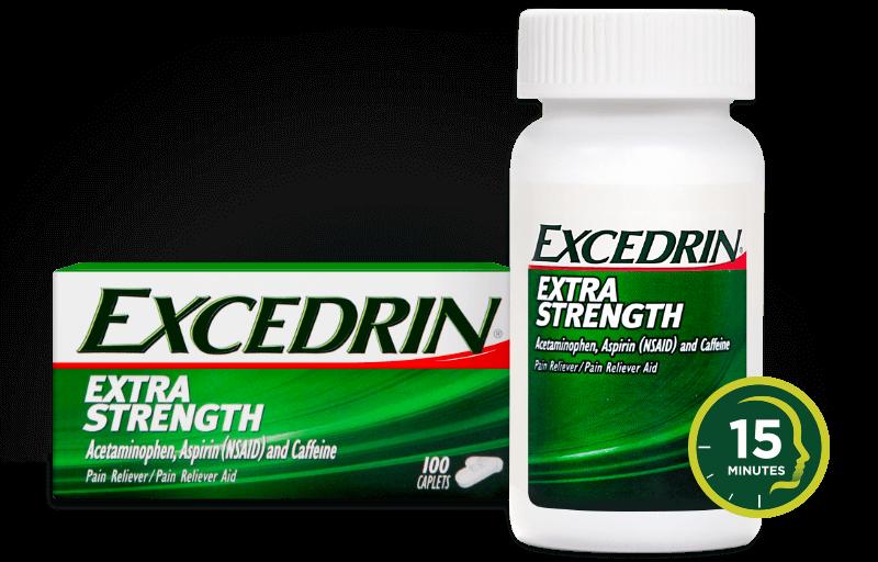 A green and white box of Excedrin Extra Strength pain reliever caplets with a bottle of the same medication behind it.