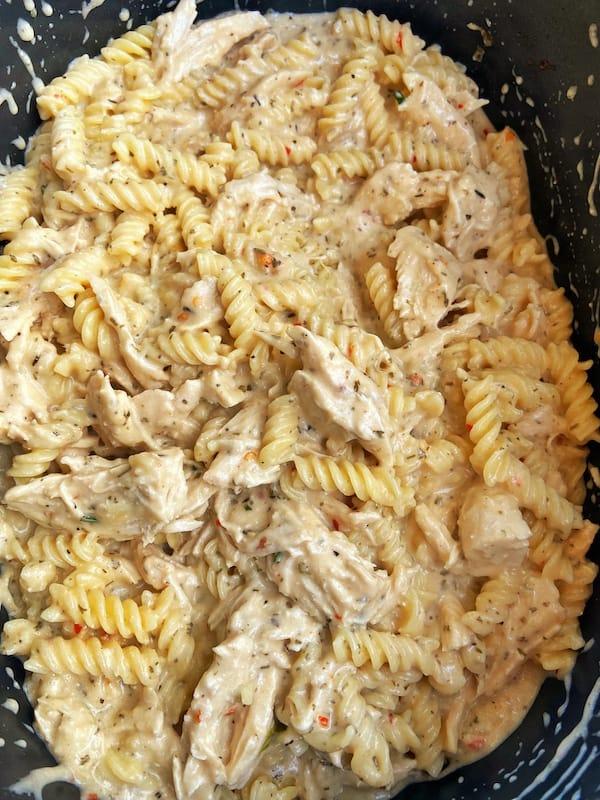 A creamy chicken pasta dish with a Parmesan cheese sauce.