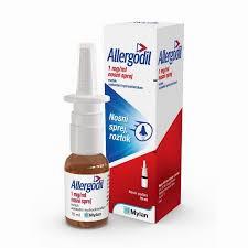 A box of Allergodil nasal spray, a medication used to treat allergic rhinitis.