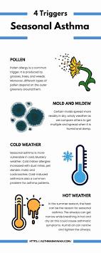 An infographic showing 4 triggers for seasonal asthma: pollen, mold and mildew, cold weather, and hot weather.