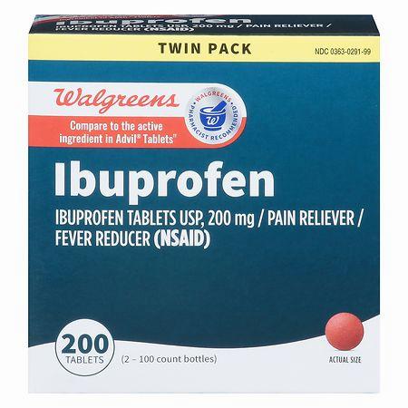 A box of Walgreens ibuprofen tablets, 200 mg, 200 tablets (2x100 count bottles).